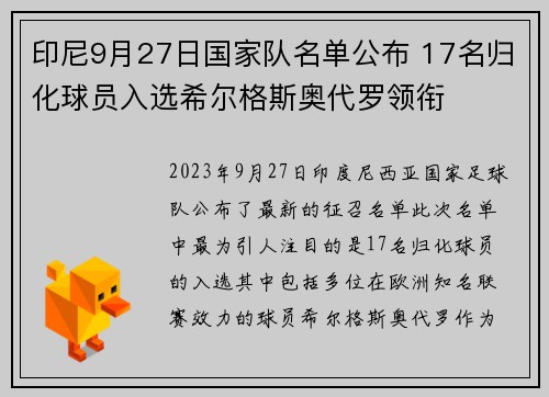 印尼9月27日国家队名单公布 17名归化球员入选希尔格斯奥代罗领衔 印尼9月27日国家队名单公布 17名归化球员入选希尔格斯奥代罗领衔