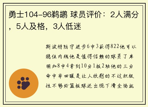 勇士104-96鹈鹕 球员评价：2人满分，5人及格，3人低迷